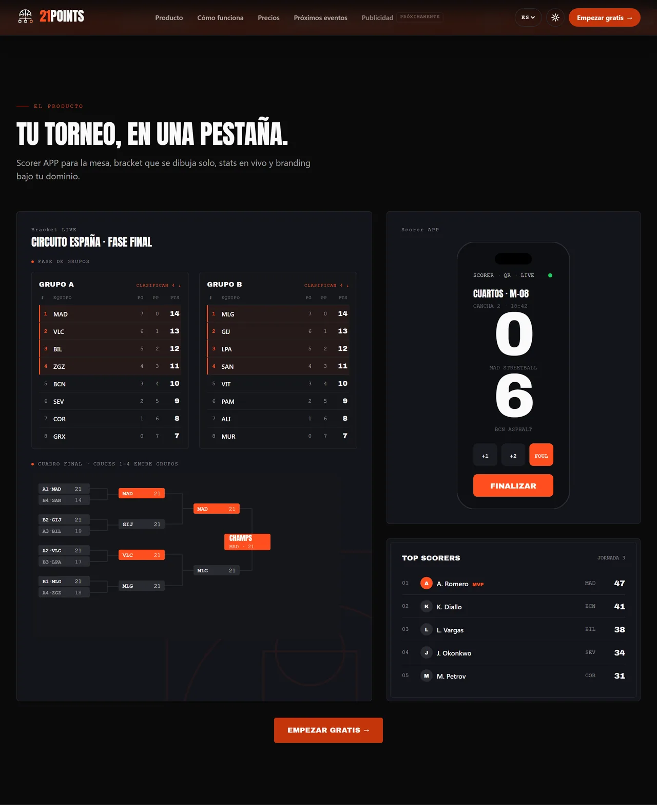 21points.app website inner section — professional tournament features