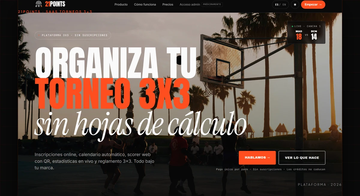Hero de la web de 21points.app — SaaS de torneos 3×3
