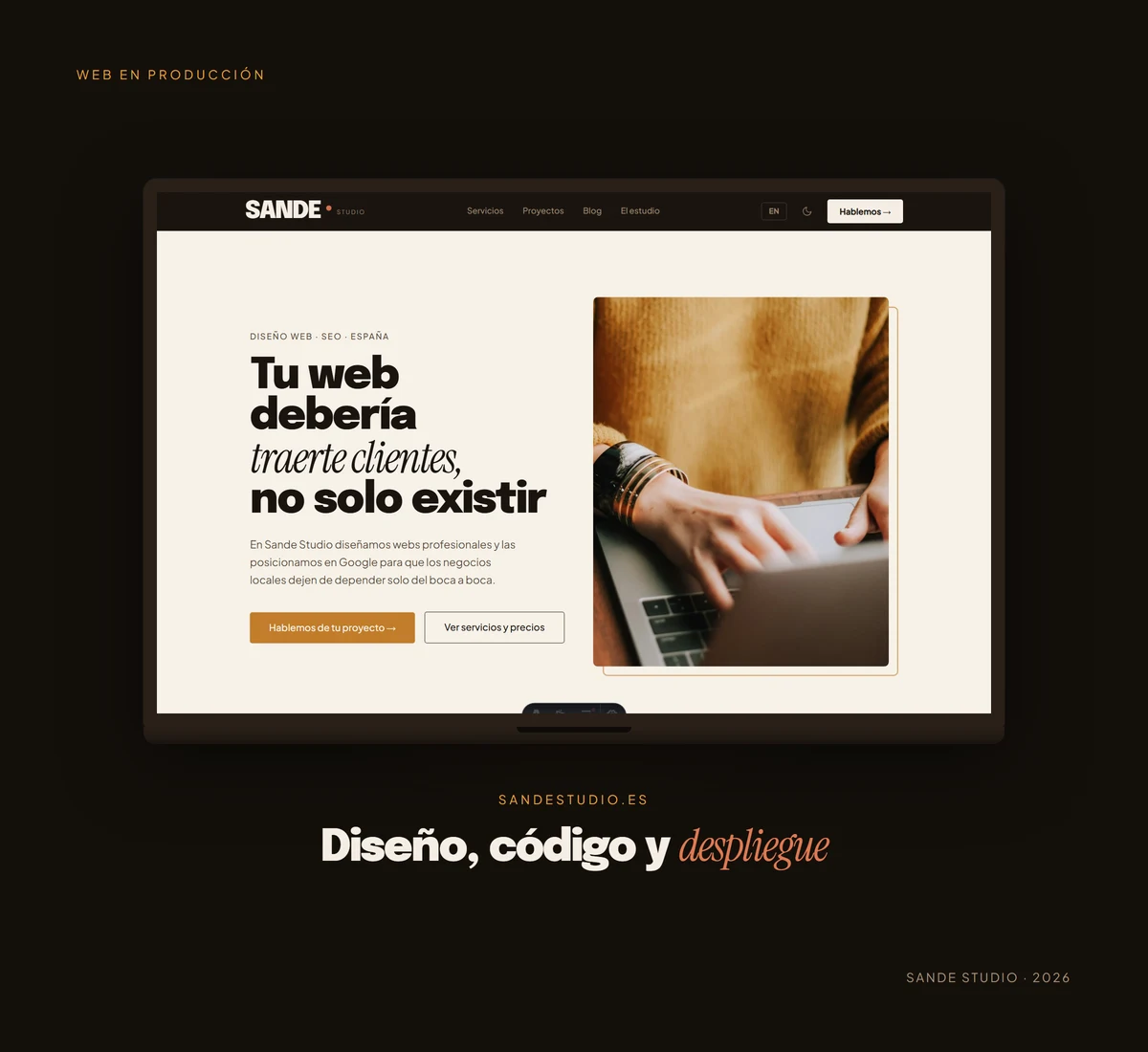 Sande Studio website mockup on a laptop over a dark background