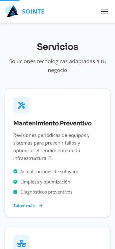 Sointe website mobile view — services in dark mode